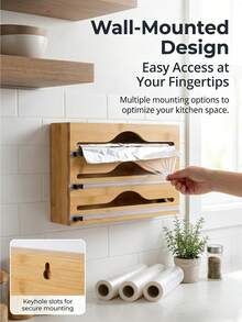 Bamboo Plastic Wrap Dispenser, Aluminum Foil Dispenser With Paper Towel Holder, Plastic Wrap Storage Rack, Suitable For Kitchen - Back To School Season - Multicolor - View 2