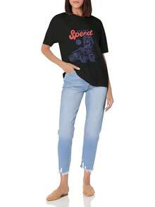Women's Short-Sleeved T-Shirt, Slim Fit, Casual, With A Print Of A Person On A Motorcycle With A Red Cap, Made Of Soft Cotton, Round Neck, Basic And Versatile. - 黑色 - 查看 2