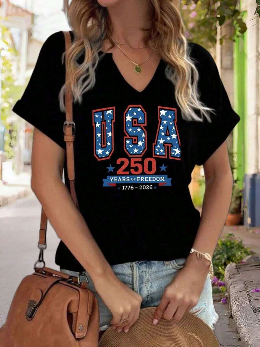 Camiseta de manga corta para mujer con cuello en V y estética minimalista, estampada con el patrón de estrellas "250 Años de Libertad Americana 1776-". Un suéter casual hecho de un material suave, ligero y cómodo, un estilo moderno y patriótico para el uso diario de las mujeres.Talla: S - 5XL, Uso diario - Negro - Ver 1