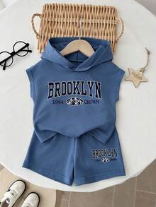Toddler Boys' Sleeveless Knit Hooded Top Paired With Casual Shorts, Simple Yet Fashionable Design, Suitable For Baby's Spring/Summer Outings And Sports Wear - Dusty Blue - View 7