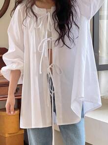 YIU Women's Loose Multi-Color Bow Tie Collar Shirt With Bow Tie Suspender, Essential Spring Outfit For Back To School - Putih - View 6