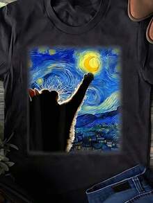 1 Piece Weird Cats T-Shirt, Funny Cat T-Shirt, 80s Retro Cat Parody, Cute Cat Graphic T-Shirt, Gift For Cat Lovers, Hoodie, 180g 100% Cotton - Black 1 - 查看 1
