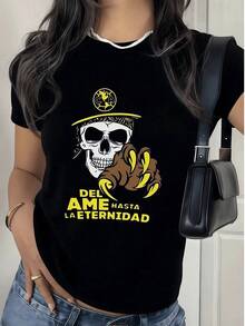 Fashionable Women's T-Shirt, Women's Printed T-Shirt With Skull And Claw Design, Casual And Modern Style 100% Cotton, Ideal For A Bold And Original Look. - 黑色 - 查看 7