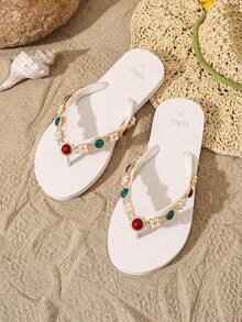 OXLL Original Design European & American Vintage Colorful Beaded Chain Flip Flops, Bohemian Style Soft Sole Beach Sandals, Summer Versatile Outdoor Wear - White - View 3