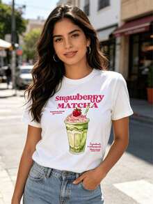 Playera para mujer de algodón 100%, cuello redondo, transpirable, cómoda y ligera, ideal para primavera y verano, con estampado "Strawberry Matcha" con ilustración de bebida, estilo casual dulce y refrescante, versátil para uso diario y salidas - Blanco - Ver 7