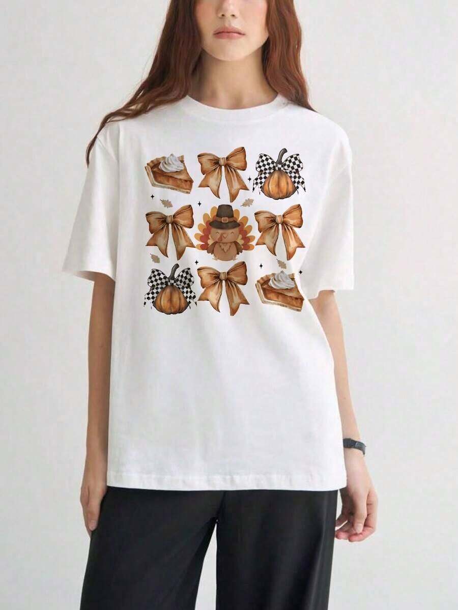Women's Short-Sleeved T-Shirts With Interesting Prints, Beautiful Clothing. White T-Shirt With An Autumn Harvest Print, Featuring A Pumpkin Pie Bow And A Turkey Motif, Ideal For The Fall Season. Soft. - 白色 - 查看 1