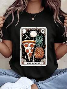Under The Radar Women's T-Shirt With Pizza, Pineapple And Lovers Tarot Card Print, Crew Neck, Casual Summer Style, Gift - Vintage Urban Style, Unisex, Cotton, Short Sleeve, Crew Neck - 黑色 - 查看 6