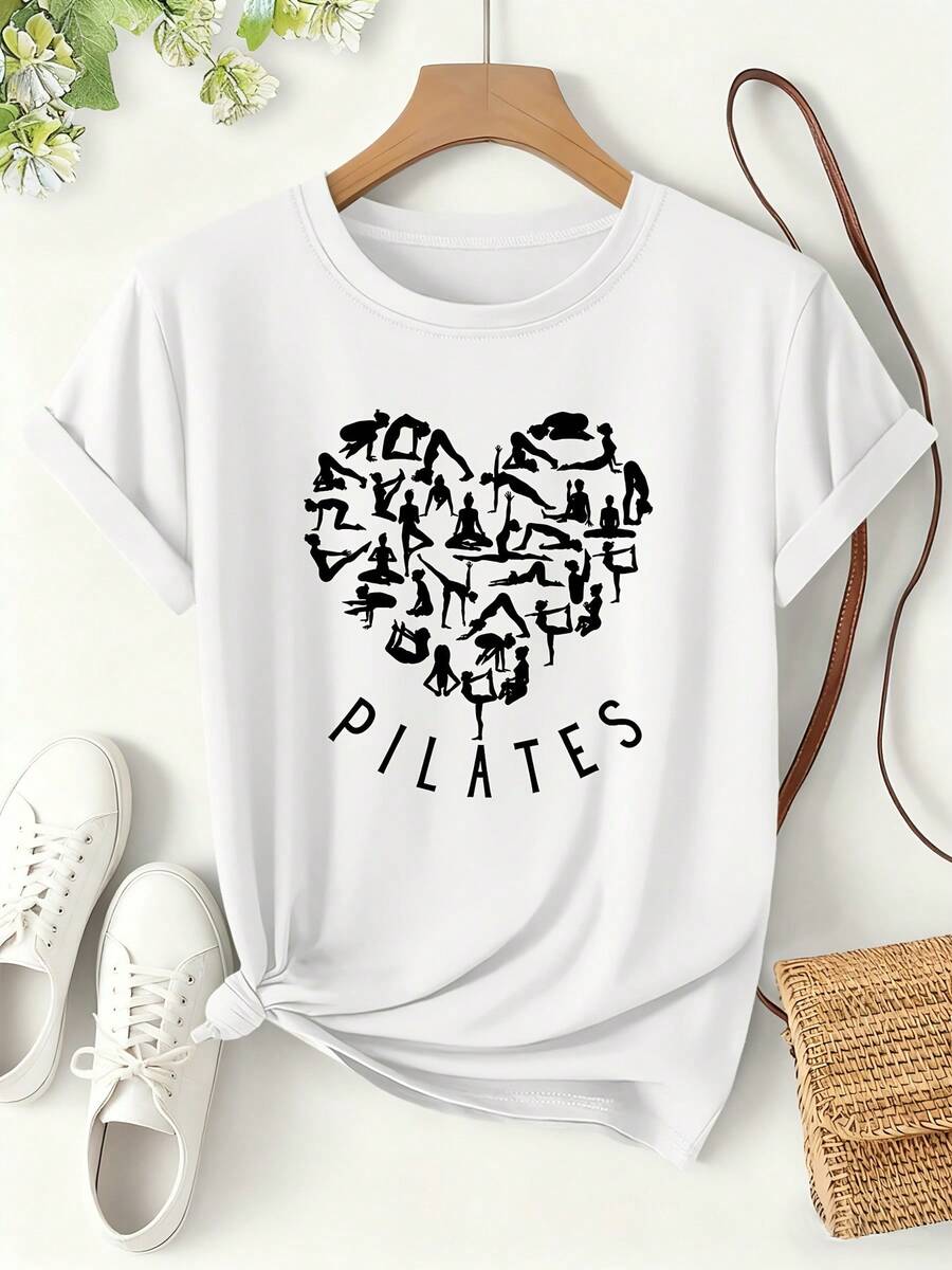 Camiseta para mujer con estampado de movimientos de Pilates y corazón de amor, manga corta de estilo creativo primavera/verano 2026, top de ajuste holgado para fitness y uso diario, diseño temático de estampado de acción, a la moda y versátil, tallas de ropa de mujer S-XXL - Blanco - Ver 1