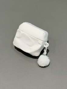 Novelty Minimalist White Cloud Wrinkled AirPodHeadphone Case, Soft Silicone Pouch Style Protective Cover With Fuzzy Pom Pom Keychain, Shockproof Earbud Case For AirPod3/4 & Pro/Pro 2/Pro3, Aesthetic Daily Use Accessory - White - View 3