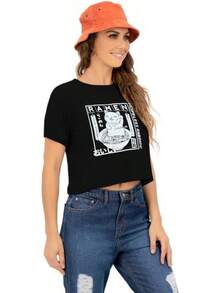 Aditivo Playera Estampada de Mujer con Diseño Gato Ramen, Blusa Casual Dama Moderna y Juvenil, Negra de Manga Corta. - Negro - Ver 2