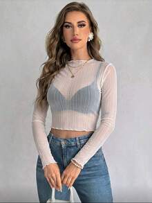 Áo kiểu dáng thanh lịch, phối lưới, chất liệu chiffon mỏng nhẹ, thích hợp cho kỳ nghỉ biển, viền bèo nhún, tay dài, thoáng mát, chống nắng, phù hợp cho mọi mùa. - Màu be - Xem 5