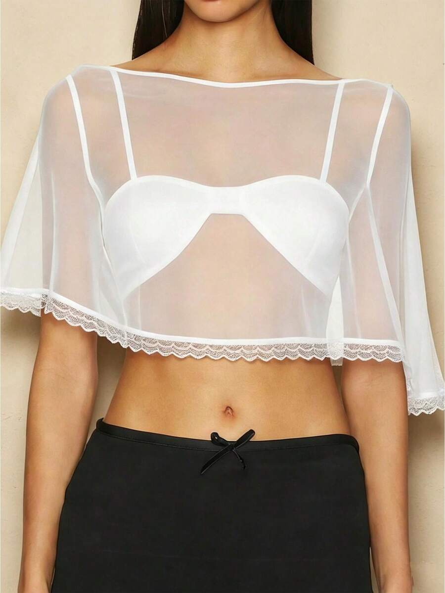 Women Sheer Hooded Poncho Shawl Lace Trim Off-the-Shoulder Mesh Flowy Tops Loose Crop Shrug Blouses Beach Cover Up - Blanco - Ver 1