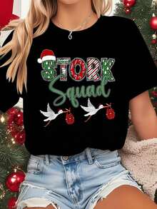 Camiseta Deportiva Casual para Mujer - Camiseta Negra Elástica de Cuello Redondo con Diseño Festivo STOCK para Navidad, Lavable aáquina, Ajuste Cómodo y Perfecta para Todas las Estaciones, para Celebraciones y Actividades Festivas. - Negro - Ver 1
