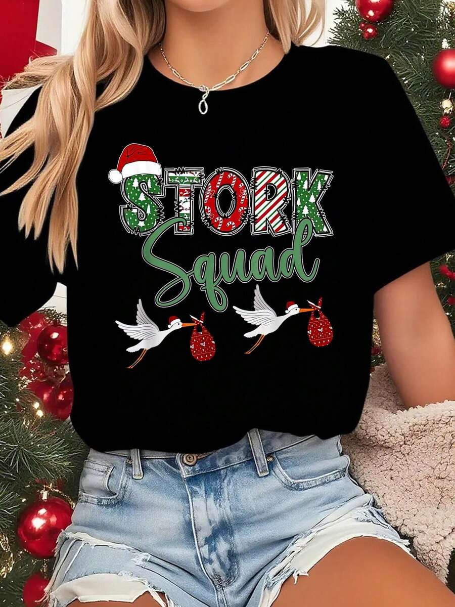 Camiseta Deportiva Casual para Mujer - Camiseta Negra Elástica de Cuello Redondo con Diseño Festivo STOCK para Navidad, Lavable aáquina, Ajuste Cómodo y Perfecta para Todas las Estaciones, para Celebraciones y Actividades Festivas. - Negro - Ver 1