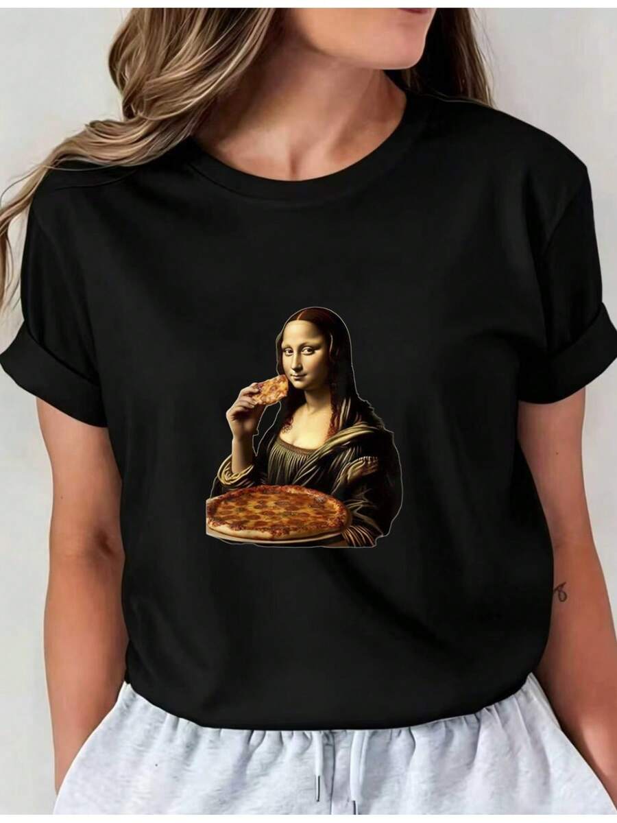 Camiseta Deportiva Casual para Mujer con Ilustración de la Mona Lisa comiendo Pizza - Camiseta Negra Elástica de Cuello Redondo, Lavable aáquina, Ajuste Cómodo y Apta para Todas las Estaciones, para un Look Divertido y. - Negro - Ver 1