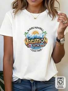 Camiseta Deportiva Casual para Mujer con Gráfico de Vacaciones en Familia - Camiseta Blanca Elástica de Cuello Redondo, Lavable aáquina, Ajuste Cómodo y Perfecta para Todas las Estaciones, para Disfrutar en Familia. - Blanco - Ver 1