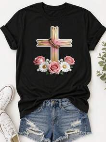 Camiseta estampada para mujer - camiseta casual de manga corta y cuello redondo en negro con elegante cruz dorada y rosas rosadas. Con un corte relajado para todas las estaciones, perfecta para el uso diario y atuendos de vacaciones (lavable aáquina). - Negro - Ver 6