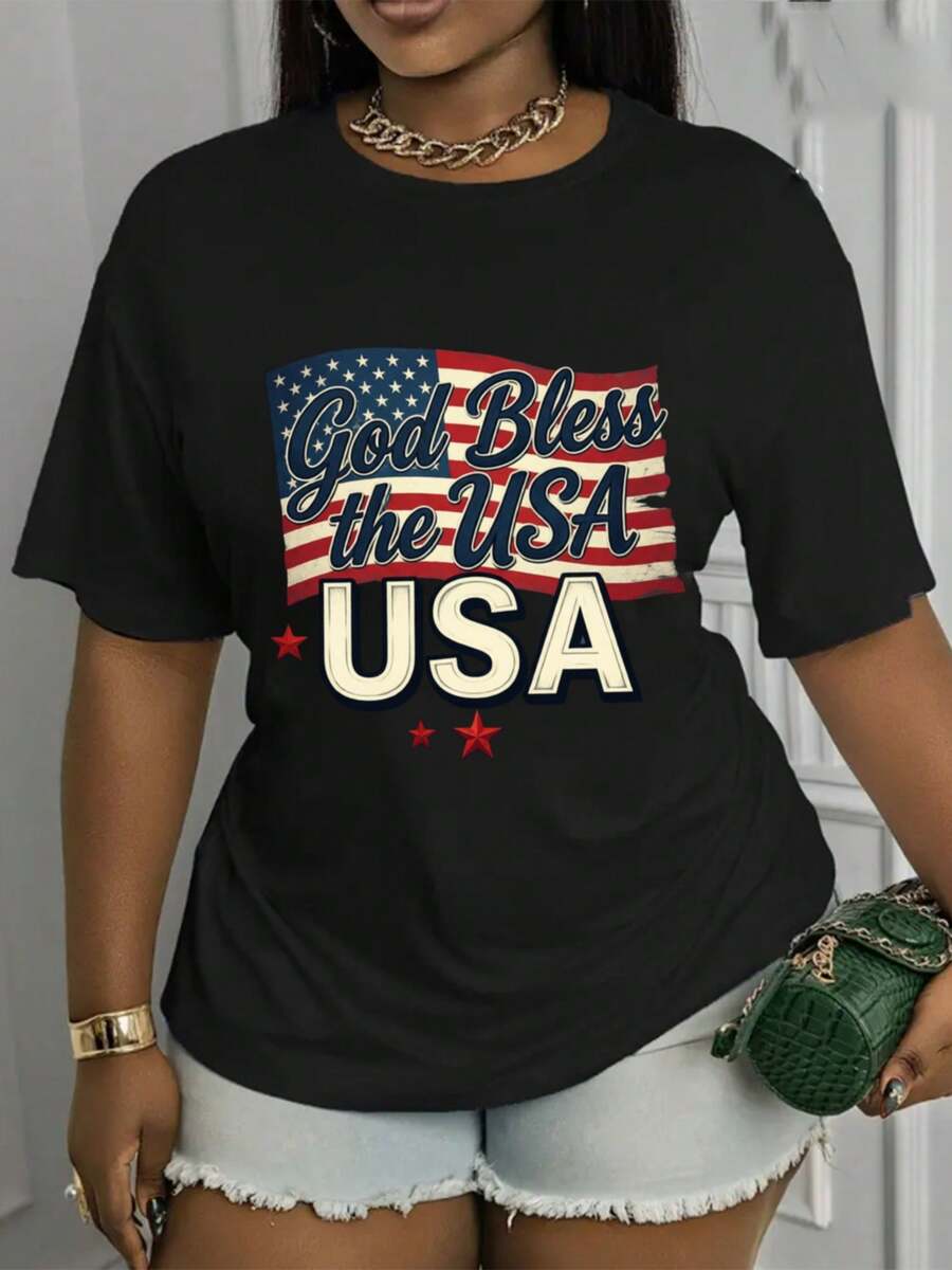 Camiseta Estampada para Mujer - Camiseta Casual Negra de Manga Corta y Cuello Redondo con Diseño Dios Bendiga a los EE. UU.. Con un Corte Relajado para Todas las Estaciones, la Elección Perfecta Tanto para el Uso Diario como para tus Atuendos de Vacaciones (Lavable aáquina). - Negro - Ver 1
