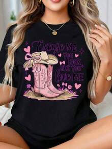 Women's Blouses 1 Piece Women's Western Style Cowboy Boot Print T-Shirt With The Phrase "Excuse Me You Look Like You Love Me", Country Cowgirl Style, Valentine's Day Gift, 220g 180g 100% Cotton. - 黑色 - 查看 12