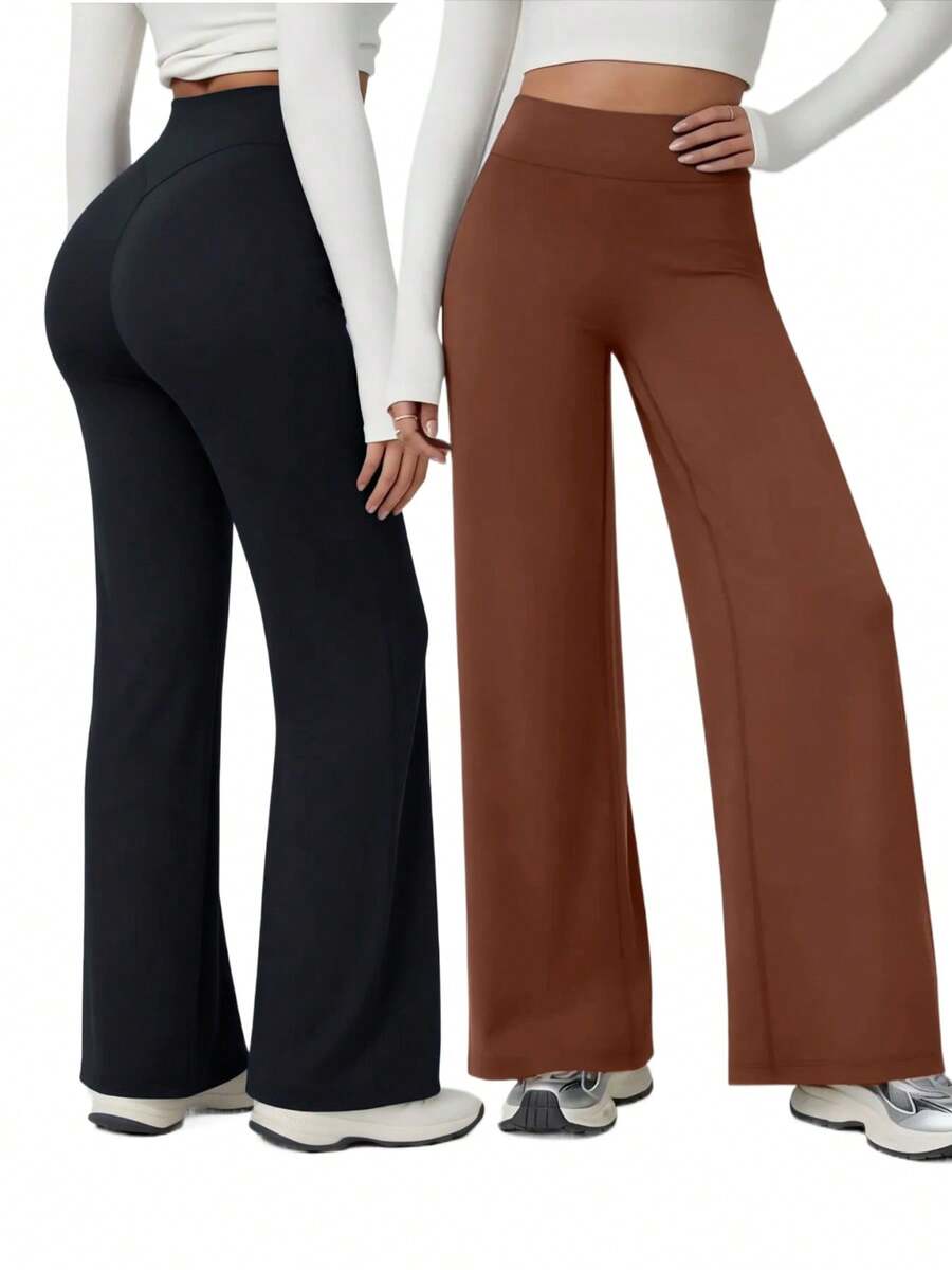 2 Pack High Waist Wide Leg Yoga Pants No Front Seam Women's Workout Gym Leggings - 黑色棕色 - 查看 1