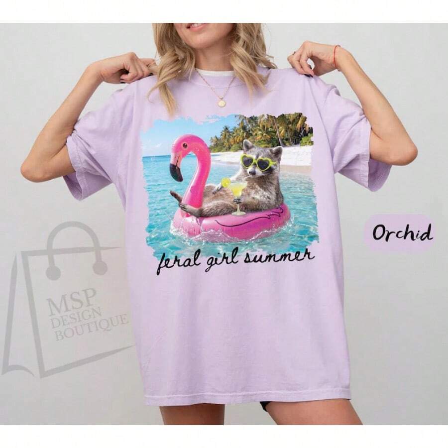 ® Girl Summer Tee, Summer Raccoon Shirt, Women's Summer T-Shirt, Women's Summer Beach Top, Girl Raccoon Tee - 紫色 - 查看 1