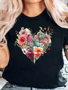 Bohemian Style Floral Heart Print T-Shirt, Romantic Flower And Leaf Design For Casual And Everyday Wear, Cotton T-Shirt - 黑色 - 查看 8