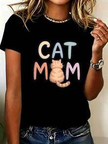 Women's T-Shirt With A Round Neck And A Cute Pastel Letter Print With A Graphic Of An Orange Tabby Cat, Soft, Short Sleeve, Ideal For Summer, A Fun Gift For Pet Lovers, For Cat Moms, Casual Round Neck Top For Everyday Wear And Outings. - 黑色 - 查看 7