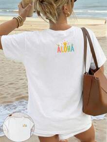 Camiseta de estilo tropical para mujer, nueva llegada recomendada, con vibrantes letras ALOHA y estampados florales, estampado frontal y trasero, casual de vacaciones, manga corta y cuello redondo, primavera/verano, poliéster lavable a máquina, nueva ropa de calle para mujer, versátil para salidas y - Blanco - Ver 2