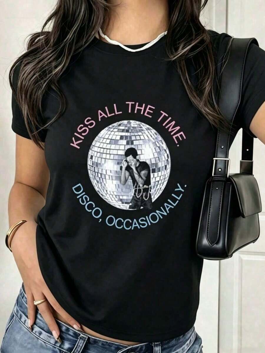 Women's Casual T-Shirt 100% Cotton | Women's Short Sleeve Crew Neck T-Shirt With Casual Print, Harry Style, Kiss All The Time Disco Occasionally, Disco Ball, Love On Tour Essential (2) Men's Loose Fit Short Sleeve T-Shirt | Exquisite Design | Summer Must-Have | Versatile And Easy To Match | Show Off Your Style With This Short Sleeve Crew Neck T-Shirt. | Machine Washable | Suitable For All Seasons, Comfortable And Fitted. | Bright Digital Print T-Shirt, Casual And Versatile - Vintage Street Style Unisex Cotton Short Sleeve Crew Neck T-Shirt - 黑色 - 查看 1