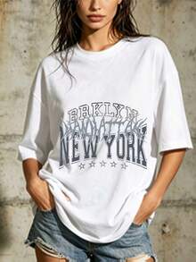 Women's Casual Blouse, Simple Style For Everyday Wear, 180G Brooklyn And Manhattan T-Shirt, New York - Fashionable Summer Gift For Family And Friends | Perfect For Exercising, Vacations, And Group Outings. | Plus Size Fashionable Women's T-Shirt, Comfortable, Soft, Simple For Everyday Wear, Short Sleeve - 白色 - 查看 7