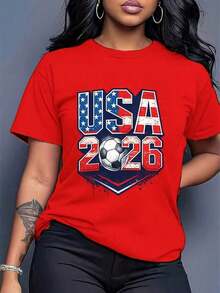 [Officially Licensed By The World Cup] 2026 World Cup Themed Short Sleeve T-Shirt, Football Themed Short Sleeve T-Shirt, Urban Style Print Design, Summer Top, Must-Have For Fans, Unisex Style Suitable For Couples, Perfect As A Birthday Gift For Boyfriend, Versatile And Comfortable For Summer, Unisex T-Shirt. - 紅色 - 查看 6