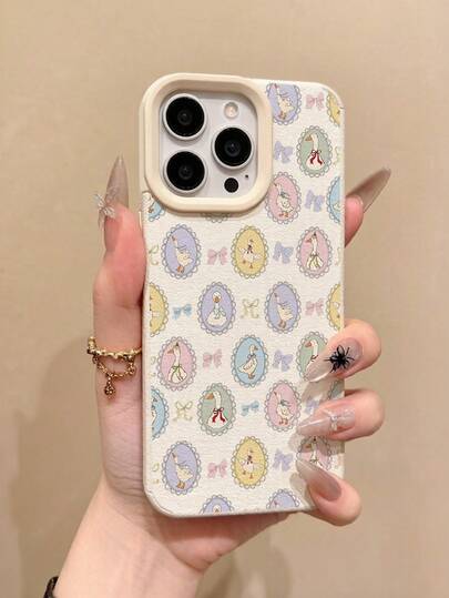 Cute Duck Bow Pattern Printed Leather Texture Phone Case Compatible With IPhone 11/17/17pro/13/14/15/15pro/15 Plus/15 Promax/16/16pro/16plus/16promax/7plus/8plus/X/Xs Max/Xr/17Air/12pro/13pro/14pro/17Promax/13mini/11promax/12promax/13promax/14promax/14plus/6/6s/6plus/7/8/Se/17proMax