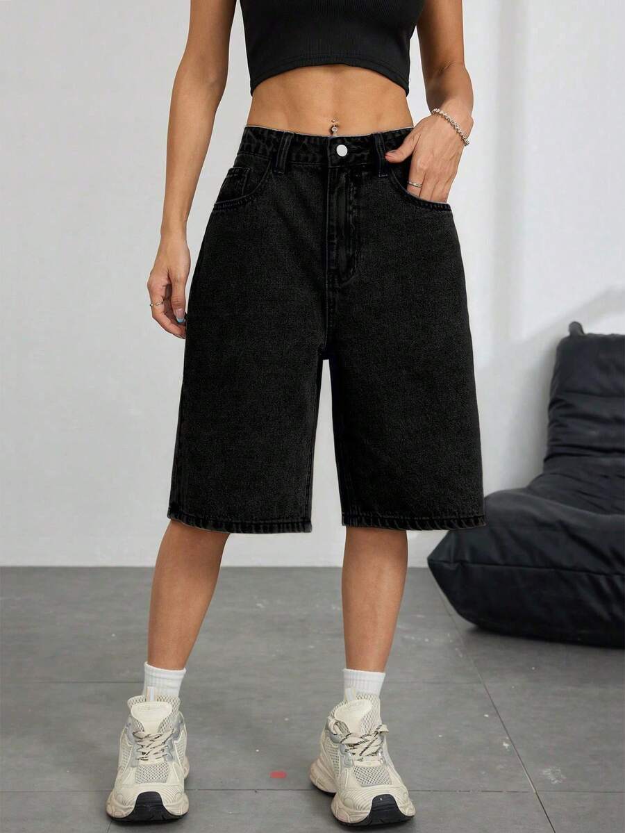 Women's Solid Color Denim Bermuda Shorts Casual Black Summer