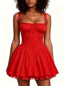 Women's Flower Embroidery Boho Mini Dress Backless Self-Tie Bowknot Square Neck Wide Straps Ruffle Mini Dresses Sleeveless Summer Vacation Short A-Line Dress - F1309-紅色 - 查看 2
