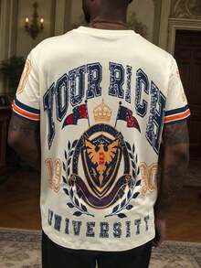 Camiseta Manfinity Dauomo para Hombre, Estilo Urbano Americano, Retro, con Estampado de Letras y Estrellas, Holgada, Casual, de Manga Corta para Verano - Caqui 2 - Ver 2