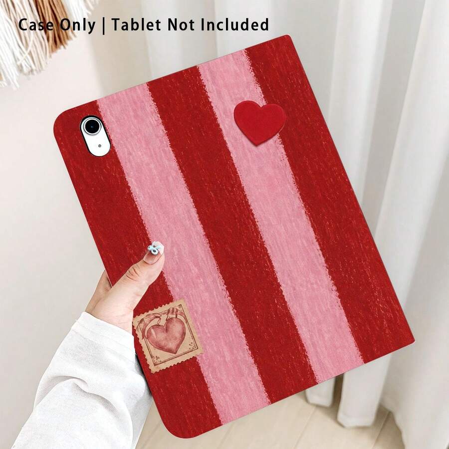 1个心形粉色条纹图案翻盖平板电脑保护套,带笔槽,兼容荣耀Pad 8/9/10、荣耀GT 11.5英寸/X7/X8A/X9/X8Pro/X9Pro/V9/V8 Pro、Matepad 11英寸(2023/2022)、苹果第十代/11英寸(2025)(A16)、A9/A9+/A11/S11/S10 FE+,具备自动休眠/唤醒功能,适合作为返校季、情人节、节日礼物。 - 彩色 - 查看 1
