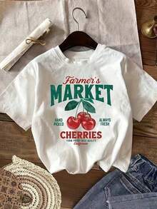 A Casual Short-Sleeved T-Shirt With A Round Neck And A Print Featuring Hand-Picked Cherries From The Farmers Market And The Promise Of Perpetual Freshness. A Women's Summer T-Shirt. Breathable And Comfortable. - 白色 - 查看 10