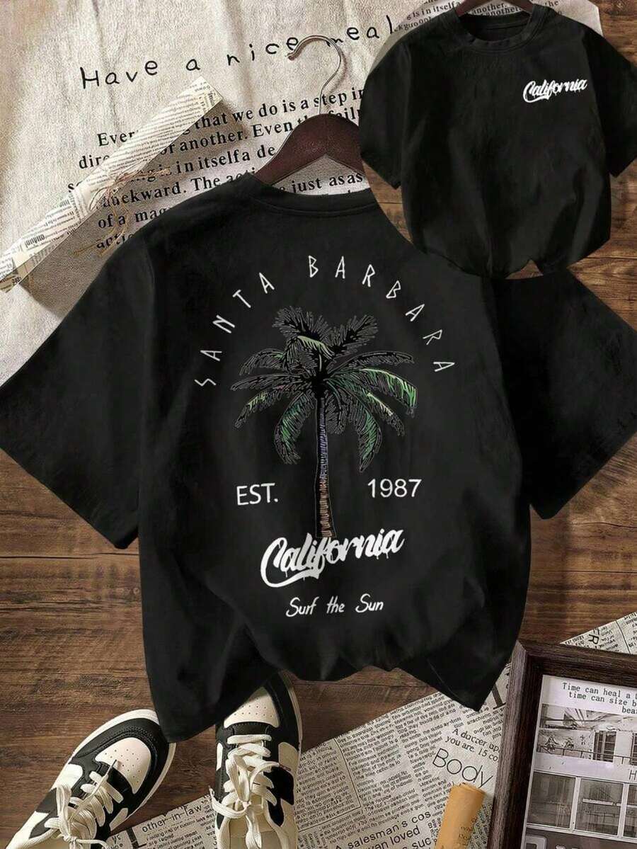 Ropa para mujer, camiseta de manga corta con estampado doble de palmera Santa Barbara, diseño con texto California, estilo vacacional - Negro - Ver 1