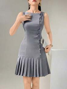 Vestido corto elegante de unicolor con dobladillo plisado y sin mangas - Azul - Ver 6