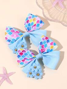 2pcs/Set Mermaid Hair Clips, Colorful Girly Hair Accessories, Fashion Fish Scale Print Satin Ribbon Bow Alligator Clips, Suitable For Summer Daily, Beach Party, Seaside Holiday, Coastal Beach Style Cute Hair Decor - Multicolor - View 2