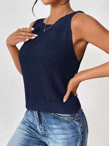 Frenchy Chaleco de suéter sin mangas retorcido de punto sólido para mujeres, casual y versátil para atuendos diarios - azul real - Ver 4