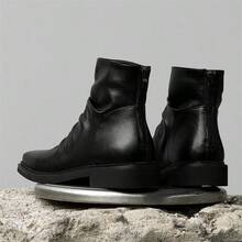 Men's Black Square Toe Ankle Boots, Wrinkle-Effect Leather-Look Low Heel Boots For Office, Commute, Dinner & Daily Smart Casual Wear - 黑色 - 查看 3