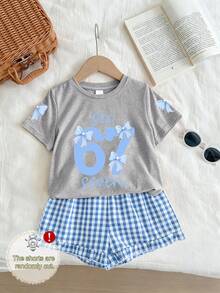 Bộ đồ thường ngày 2 món cho bé gái, có nơ và in số 67 phía trước, áo tay ngắn cổ tròn phối với quần short kẻ caro, thích hợp mặc mùa hè. - Xám - Xem 1
