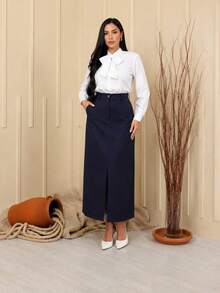 ELEGANT TAILORED LONG SKIRT - 藏蓝色 - 查看 1