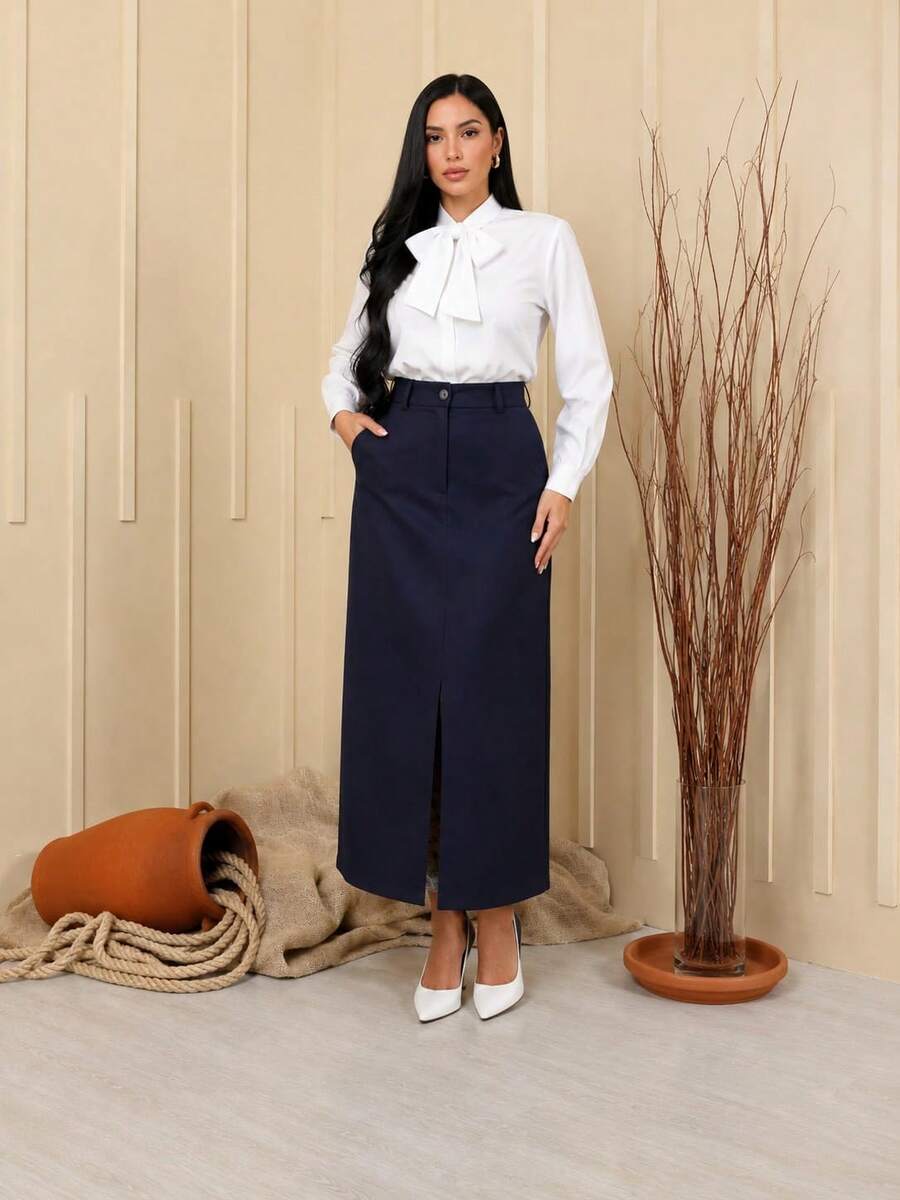 ELEGANT TAILORED LONG SKIRT - 藏蓝色 - 查看 1