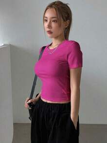 Camiseta Casual De Manga Corta Con Cuello Redondo Y unicolor Para Mujer En Verano - Rosa Fucsia - Ver 3