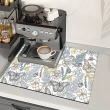 1 pieza Alfombrilla absorbente para secar platos con estampado de mariposa y flores, alfombrilla absorbente para encimera de máquina de espresso, alfombrilla absorbente para fregadero, alfombrilla absorbente suave para grifos, alfombrilla absorbente para tazas de fregadero, accesorios para el hogar y la cocina, accesorios de baño - Multicolor - Ver 6