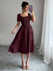 xheElenzga Vestido casual de mujer de unicolor, vestido de manga corta con cuello cuadrado en caqui, vestido de línea A cintura ceñida de punto de cable para vacaciones, de veranoxhe - Granada - Ver 6