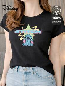 Women's T-Shirt Made Of 100% High-Quality Cotton, This T-Shirt Guarantees Exceptional Softness To The Touch, Round Neck With "Disney Stitch Star Retro" Print And Short Sleeves - 黑色 - 查看 1