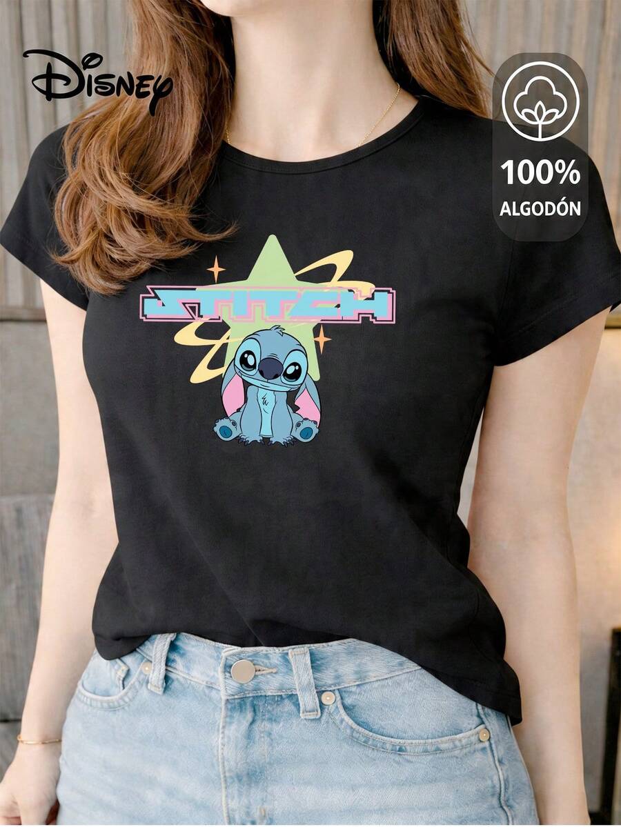 Women's T-Shirt Made Of 100% High-Quality Cotton, This T-Shirt Guarantees Exceptional Softness To The Touch, Round Neck With "Disney Stitch Star Retro" Print And Short Sleeves - 黑色 - 查看 1
